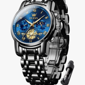 OLEVS Wristwatch, Men's, Stylish, Chronograph, Business Watch, Popular Brand, Large, Easy to Read Analog, Waterproof, Quartz Watch, black blue, Bracelet Type