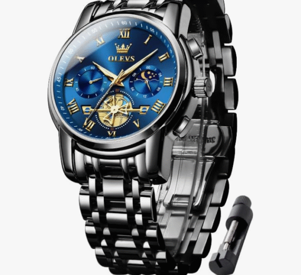 OLEVS Wristwatch, Men's, Stylish, Chronograph, Business Watch, Popular Brand, Large, Easy to Read Analog, Waterproof, Quartz Watch, black blue, Bracelet Type