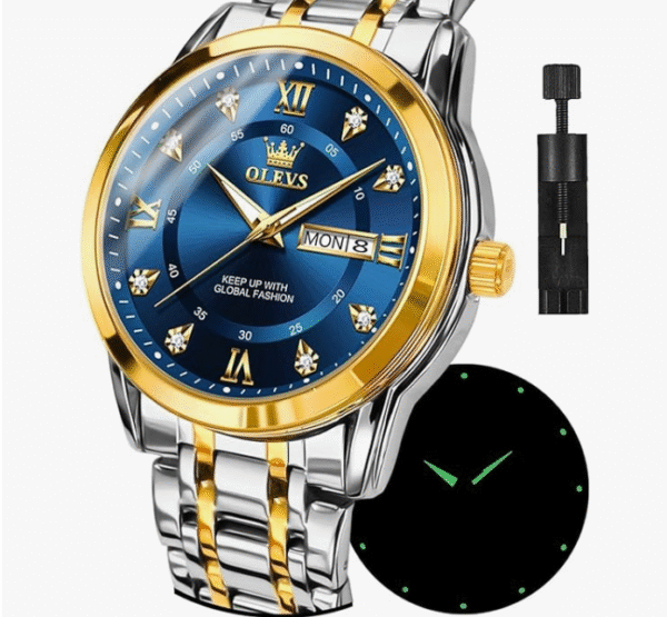 OLEVS Men's Wristwatch, All Black, Popular, Quartz, Calendar, Waterproof, Stainless Steel, Fashionable, blue, Bracelet Type