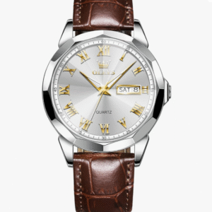 OLEVS Men's Watches Lightweight Leather Watch Men Waterproof Men Analog Quartz Lightweight Wrist Watch Brown Date Day Chronograph, Gold White Brown Leather 9990, Classic, Business