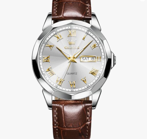 OLEVS Men's Watches Lightweight Leather Watch Men Waterproof Men Analog Quartz Lightweight Wrist Watch Brown Date Day Chronograph, Gold White Brown Leather 9990, Classic, Business