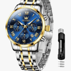 OLEVS Men's Quartz Wristwatch, Waterproof, Date, Luminous Stainless Steel Strap, Popular, Fashion, Analog, Fashion, Classic, Student, Company, For Men, gold & blue, Bracelet Type