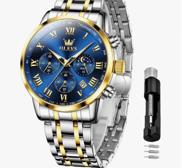 OLEVS Men's Quartz Wristwatch, Waterproof, Date, Luminous Stainless Steel Strap, Popular, Fashion, Analog, Fashion, Classic, Student, Company, For Men, gold & blue, Bracelet Type