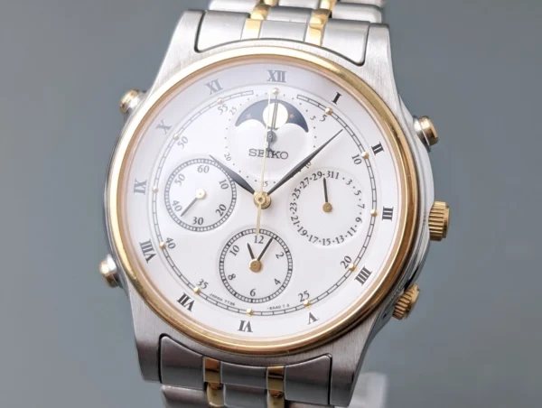 1992 Seiko 7T36-6A80 Moon Phase Chronograph Quartz Men's Watch Vintage